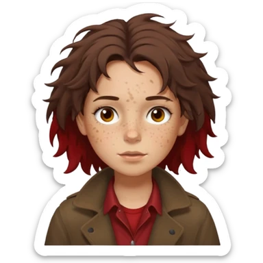 Hobo tomboy with light skin, freckles, dark brown shoulder-length hair in a messy style, brown eyes, dark brown coat, dull red shirt. sticker