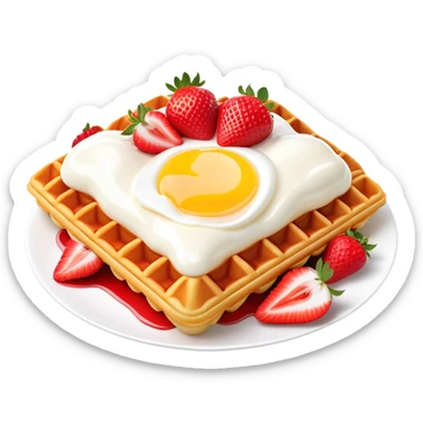 3D rendered Hong Kong egg waffle folded with strawberries and cream, vibrant red and white colors, hyper-realistic bubbled texture, glossy finish, detailed bubble surfaces, fun presentation, soft lighting sticker