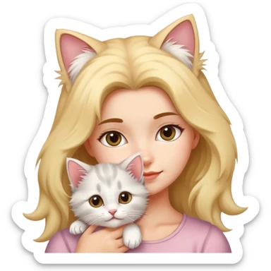 There's a fluffy kitten on a girl's head, its tail wagging gently. sticker