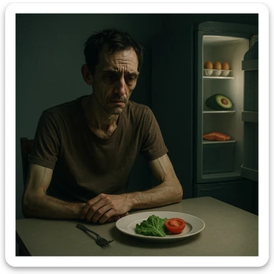 cinematic lighting, symbolic realism; thin, tired man at a minimalist kitchen table, plate with lettuce and tomato, frustrated and weary, sunken eyes, cold empty background, closed fridge with healthy foods (eggs, avocado, fish), expressive facial details, muted palette sticker