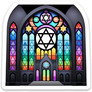jewish synagogue temple in dark goth aesthetic style with black building and very light tint rainbow stained glass windows. and star of david and celestial symbolism sticker