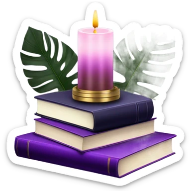 An elegant still life featuring a stack of light and dark violet books, a pink monstera plant, and a brass candle holder. sticker
