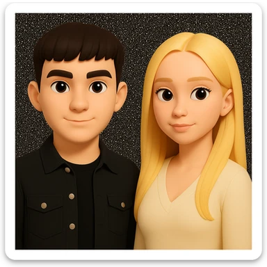 Slightly increase the volume of the upper body of the girl, significantly spread them apart from each other, make the skin color the same for both characters, while preserving the cartoonish 3D style as seen in the reference image. sticker