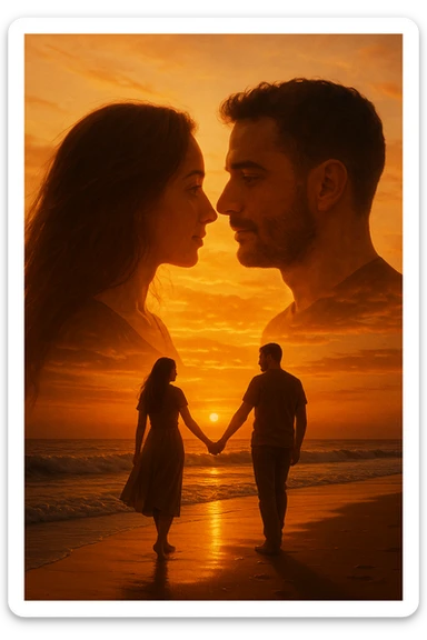 Una doppia esposizione cinematografica di noi di profilo, con un paesaggio di spiaggia al tramonto integrato nella silhouette.
La scena interna ci mostra entrambi camminare sulla sabbia bagnata, tenendoci per mano, con le onde del mare che si infrangono è facile e un cielo colorato dagli ultimi raggi di sole. Atmosfera calda e intima, toni dorati arancioni, dettagli fini ed espressivi, risoluzione 8K. sticker