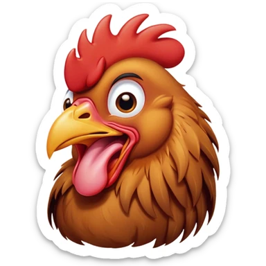 Cinematic Cute Yawning Brown Rooster Portrait Emoji, Head tilted slightly with a dramatic, wide-open yawn, showcasing a soft, downy brown plumage with a subtle red comb and drooping wings, round warm eyes barely open in drowsy contentment, Simplified yet irresistibly adorable features, highly detailed, glowing with a soft, cozy glow, high shine, relaxed yet expressive, stylized with a touch of whimsy, bright and endearing, soft glowing outline, capturing the essence of a sleepy yet affectionate rooster, so drowsy it feels like it could stretch out of the screen and curl up for a nap! sticker