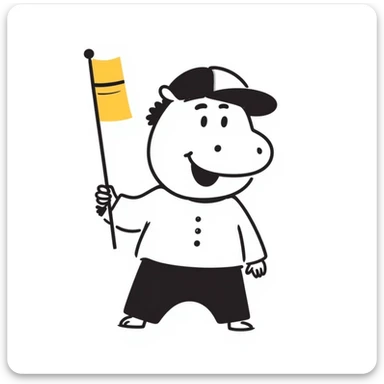 hippo holding a yellow flag wearing a baseball cap sticker