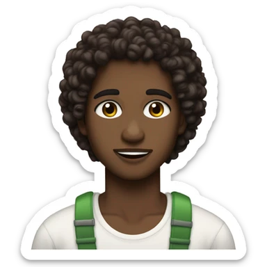 curly hair dark brown, brown eyes with a hint of green, eyes negative canthal tilt ,medium thick shaped eyebrows in dark brown, and thin lips, white face sticker