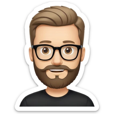 Caucasian man with complete beard, short hair styled up, large black eyeglasses, cheerful expression, black athletic shirt sticker