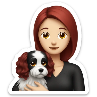 Dark red hair girl hugs  her maltese black dog sticker