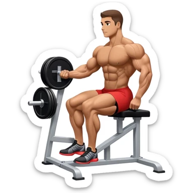 side-view bodybuilder seated weighted calf-raise machine lower leg exercise sticker