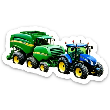 Baler – New Holland Roll-Belt 560 (2018) – Cinematic-realistic John Deere 6155M tractor towing a New Holland Roll-Belt 560 baler, its deep green body contrasting with the bright blue baler. The massive machine moves steadily through golden fields, compressing freshly cut hay into tight round bales, while dust swirls under the blazing afternoon sun. sticker