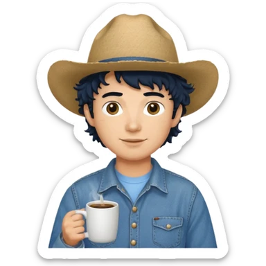 Ranch hand with blue hat and coffee mug, curly black hair sticker
