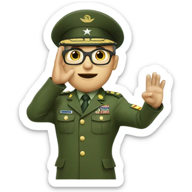 Military commander in green uniform and glasses that salutes with right hand and typing on a keyboard with left hand sticker
