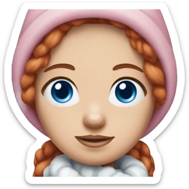 Woman with red hair, blue eyes wearing pink winter clothes holding a small white Shichon sticker