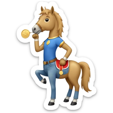 anthropomorphised horse wearing jeans, a t-shirt, and a gold medal sticker