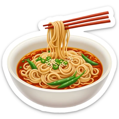 Wuhan hot dry noodles with sesame paste, simplified emoji style with bold outlines and bright colors, cartoon style Chinese noodle bowl sticker