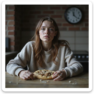 thin young woman with hollow cheeks and dark circles, wearing large sweater, sitting at table with cold uneaten food, kitchen clock at 3PM in background, natural light, hyperrealistic 4K details sticker