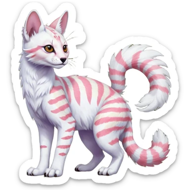 Colorful tropical feathery tribal pale light fruity pastel white glorious iridescent divine exotic cute albino neon vibrant spooky evil zigzagged cool beautiful fantasy-caracal-civet-genet-sergal-vernid-Gryphon-Cacomistle-Trico-oncilla-animal-Fakémon-hybrid-fursona (full body), facial markings,  sticker