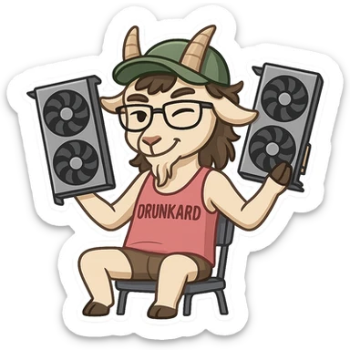 goat for Telegram stickers inspired by reference https://attic.sh/feoducyurkpqwz0la088soao98sx: wearing a cap, glasses, mullet hairstyle, pink drunkard tank top, sitting on a chair, holding a large video card in each hand at shoulder level, winking, pose like in the photo, clean lines, soft gradients. transparent background sticker