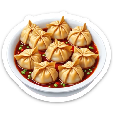 Sichuan spicy wontons in chili oil sauce, simplified emoji style with bold outlines and bright colors, cartoon style red Chinese dumplings Hongyan Chaoshou sticker