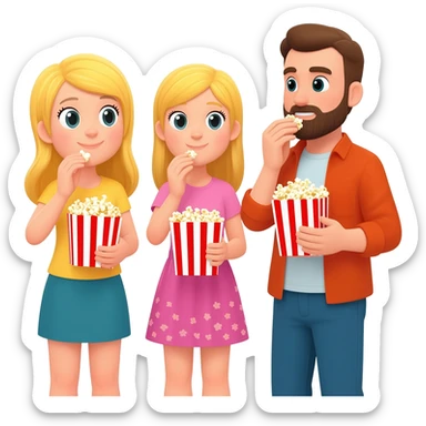 2 girls blonde girls and a guy with a beard standing eating popcorn sticker