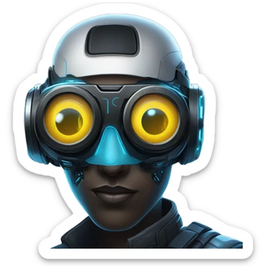 netrunner, cyberpunk hacker with mechanical glasses, black cyborg mods, black vr headset, eyes covered, blue neon sticker