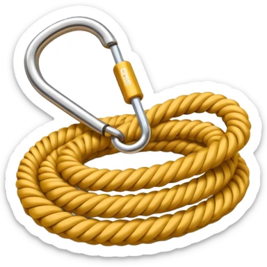 A 3D cartoon coiled climbing rope with a carabiner, golden color, resting on a rocky surface, realistic soft shadows, Memoji-style rendering. negative : Flag. sticker