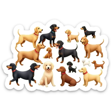 Collage of various dog breeds like Doberman, Poodle, Dachshund, and Golden Retriever, playing in a park with trees and grass. Some dogs run, others sit, all are full of energy and happiness. A joyful, colorful scene with playful expressions. Transparent background. sticker