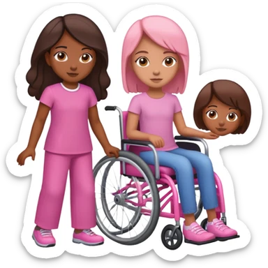 One tan skin sister standing behind her brown skin sister in a pink wheelchair sticker