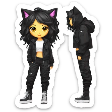 Edgy cool beautiful pretty anime punk tomboy with cat ears techwear cargo pants hoodie sticker