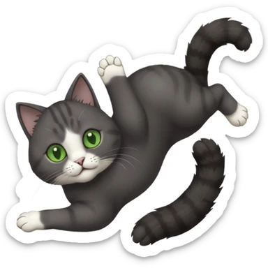 solid dark grey cat with green eyes, white toes/paws and white patch on her chest playfully rolling upside down sticker