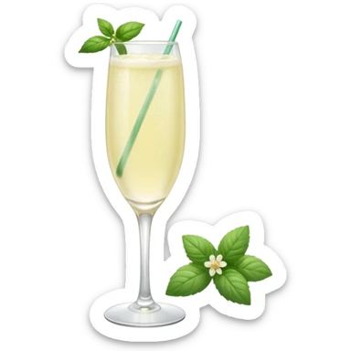 French 75 cocktail with subtle elderflower color with one of each mint and basil leaf for garnish sticker