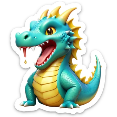 Cinematic Cute Yawning Dragon Portrait Emoji, Head tilted slightly with a dramatic, wide-open yawn, showcasing a soft, lustrous scaled body with gently drooping fins and half-closed, drowsy eyes, each scale rendered in exquisite detail under natural light; high shine, relaxed yet expressive, styled with a dash of fantastical charm, soft glowing outline, capturing the essence of a sleepy yet affectionate dragon that appears ready to stretch out and rest in its enchanted lair! sticker