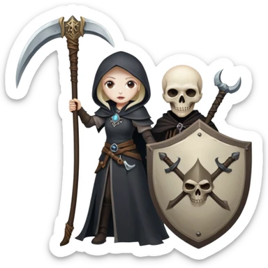 Necromancer girl with scythe and shield, in front of a dead mage sticker