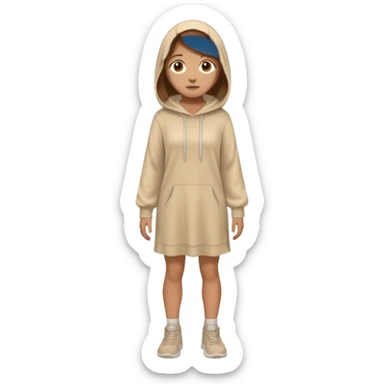 fullbody, head-to-toe, Lazarus's sister, Jesus's friend, with brown hair, beige dress, and a head hoodie, normal emoji style, different pose sticker