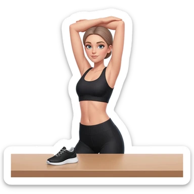 upper back stretch after desk work, fair-skinned woman, gray-blue eyes, ash brown brows, ash light brown hair tied back, slim athletic body, black workout set, black sneakers with white soles sticker
