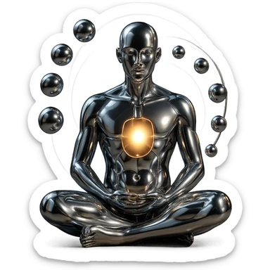 chrome style meditating figure in the lotus position with an open chest revealing a glowing light or energy inside, surrounded by spiraling spheres and a glowing aura, highly polished sticker