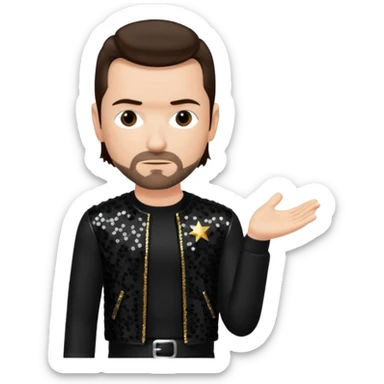 The Edge from U2 with dark brown hair, black sequin outfit sticker
