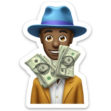 a man spreading 100 dollar bills with a clown face with a new york fitted hat sticker