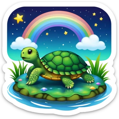 Turtle in pond with night sky and rainbow sticker
