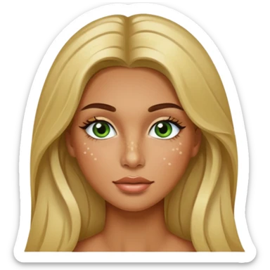 miss universe tanned girl with very long blonde brown hair and green brown eyes and freckles along her nose and cheeks and long eyelashes sticker