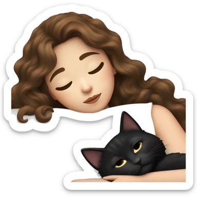 White Girl with long brown wavy hair and bangs napping with a black cat sticker