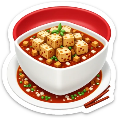 Mapo Tofu spicy red with tofu cubes and minced meat, simplified emoji style with bold outlines and bright colors, cartoon style Sichuan famous dish sticker