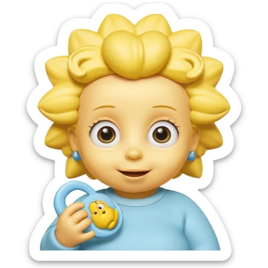 A 3D cartoon baby character fully yellow skin, styled like Maggie Simpson, with pacifier, big eyes, smooth shading, Memoji-style rendering, consistent with other yellow Simpsons characters. sticker