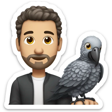 White Man with dark brown pompadour hair and dark brown short beard sitting on top of a giant african grey bird sticker