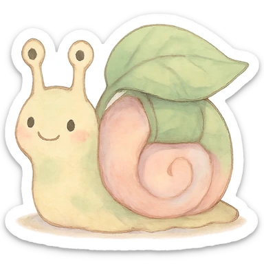 pastel snail with a leaf backpack, kawaii soft nature tone, soft pastel Ghibli style sticker