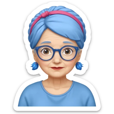 fat old woman with blue bun hair and glassess and headband sticker