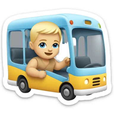 Baby playing with a toy bus blue eyes and blonde hair  sticker