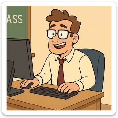 teacher at desk working in front of computer, cartoon style sticker