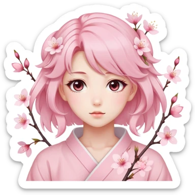 A Gorgeous Beautiful Anime Lady Sakura Cherry Blossom and Pretty Hair, pastelcore aesthetic, pastel pink and white sticker